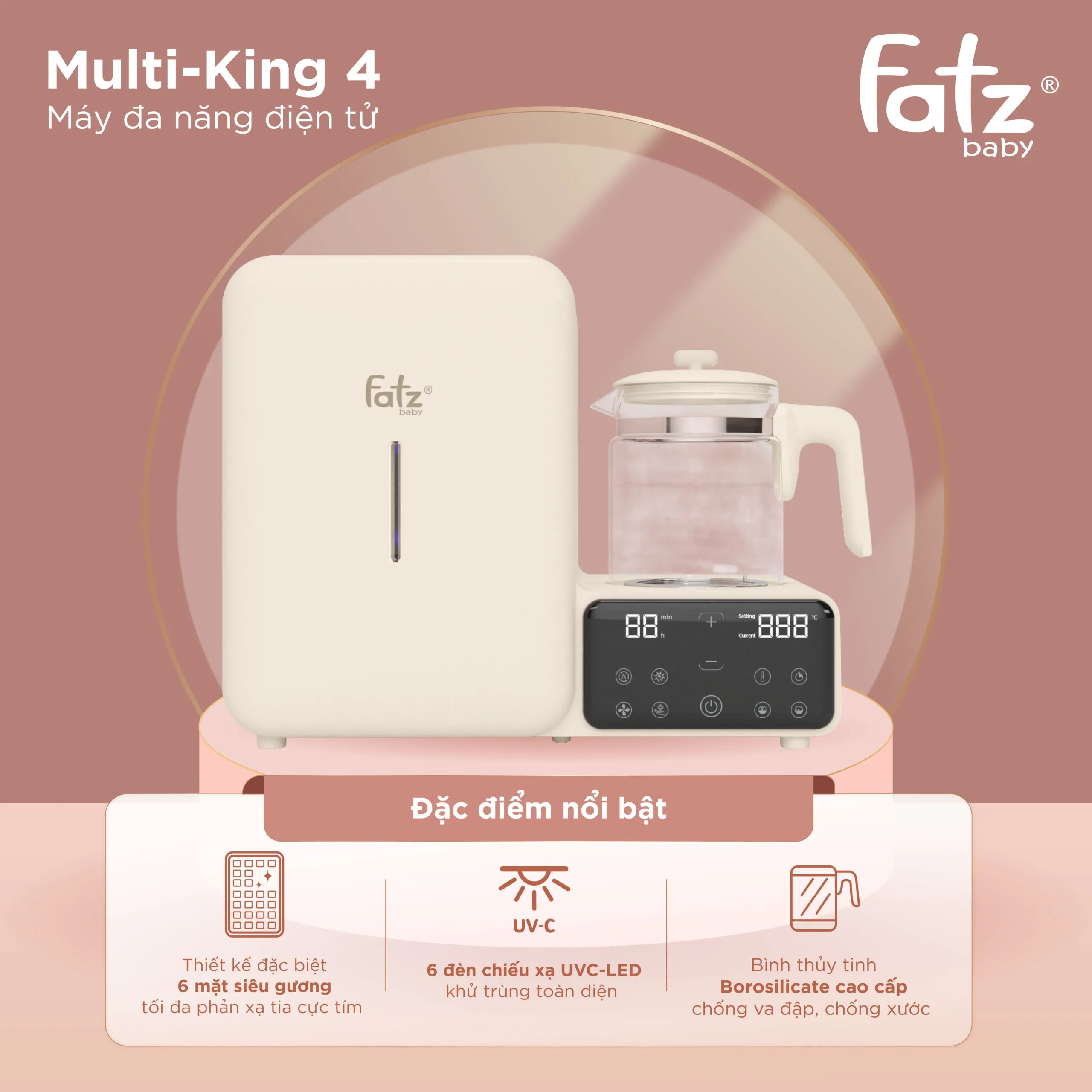 máy đa năng điện tử (tiệt trùng uvc led/sấy khô/Đun & hâm nước) multi king 4